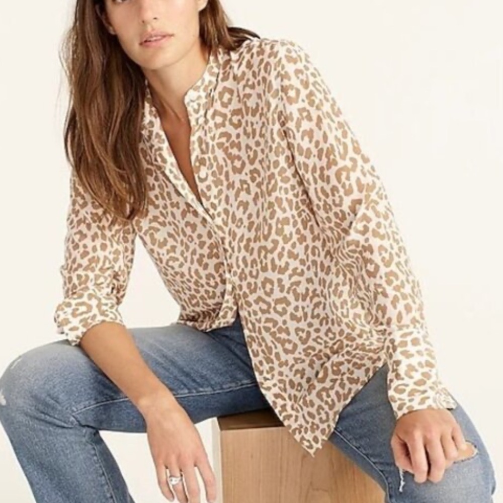 J. Crew Classic Fit Collarless Silk Shirt In Leopard